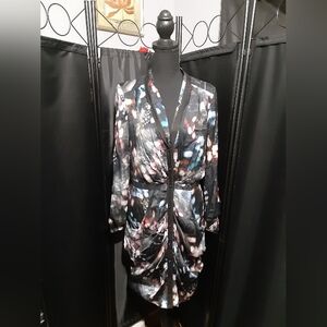 LEIFSDOTTIR Silk Stylish Multicolor Draped Tunic Shirt Dress Pockets Size 4